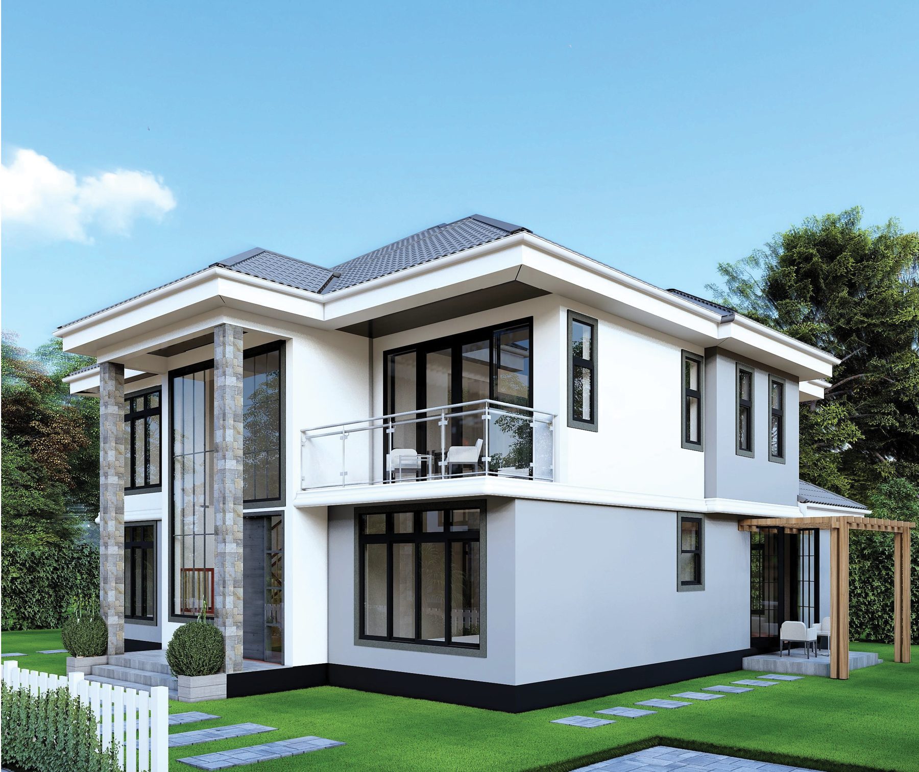 Cedar Homes maisonette front elevation with stone-clad detailing
